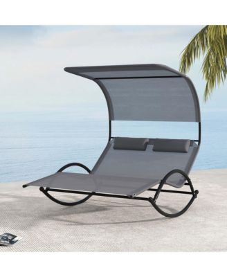 Outdoor Dual Rocker Sunbed 2-Person Canopied Lounger with 2 Detachable Headrests