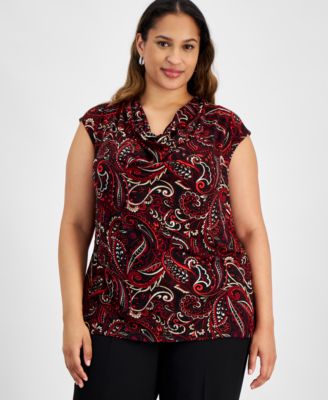 Kasper - Plus Size Printed Cowl-Neck Cap-Sleeve Top