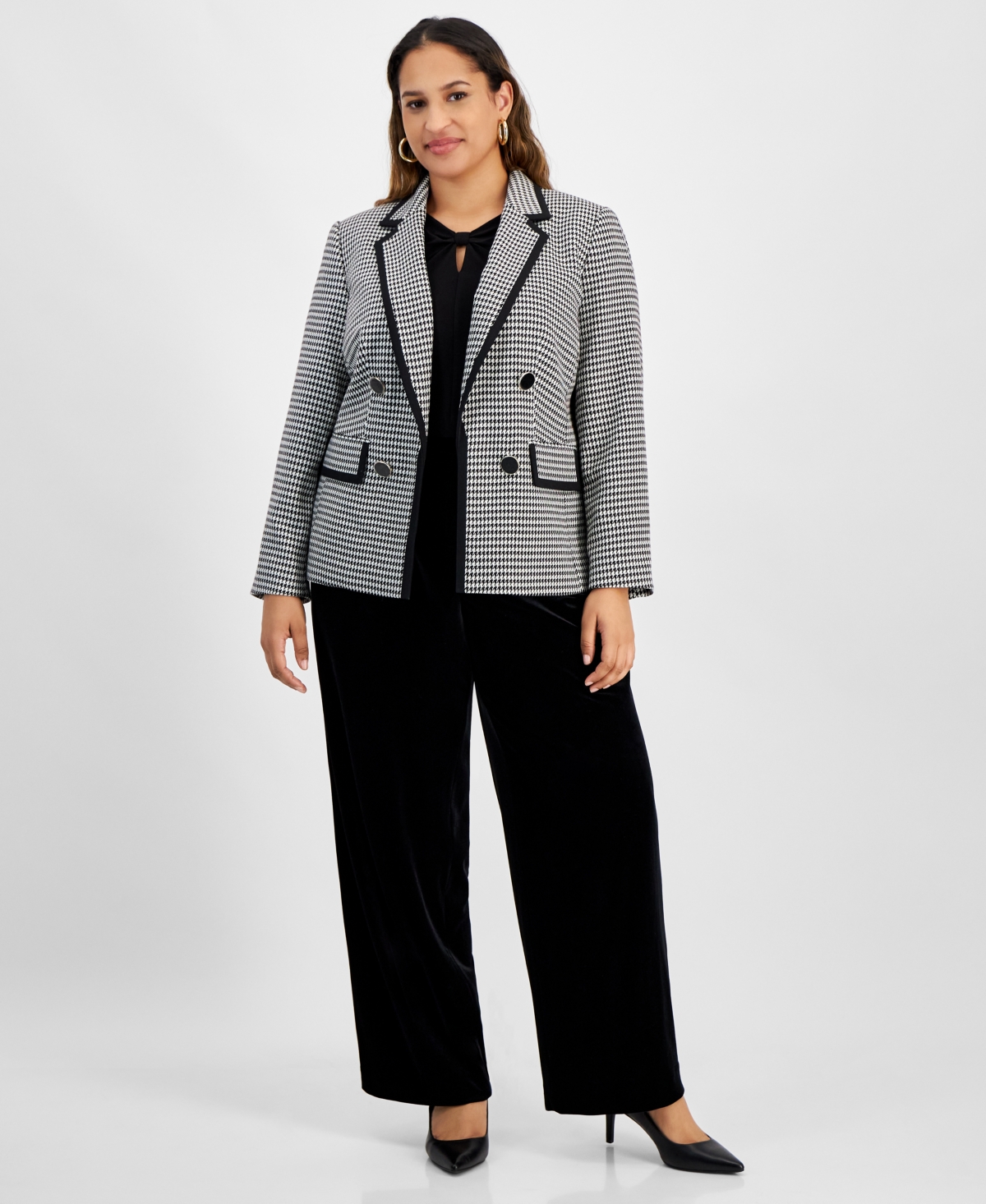 Kasper Plus Size Faux Double-Breasted Houndstooth Blazer -WHITE