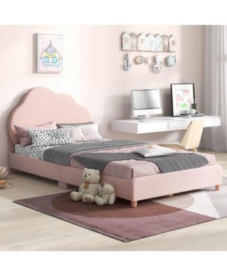 Kids Twin Platform Bed Frame Upholstered Twin Size Bed with Wooden Slats Support