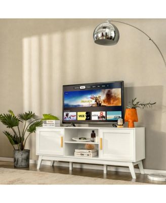 TV Stand Entertainment Media Console w/ 2 Rattan Cabinets & Open Shelves