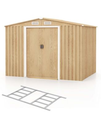 8 × 6 FT Outdoor Storage Shed Galvanized Steel Shed with Base Floor Wood Grain
