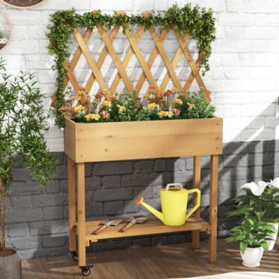 Wood Raised Garden Bed with Trellis Storage Shelf Wheels Liner Drainage Holes