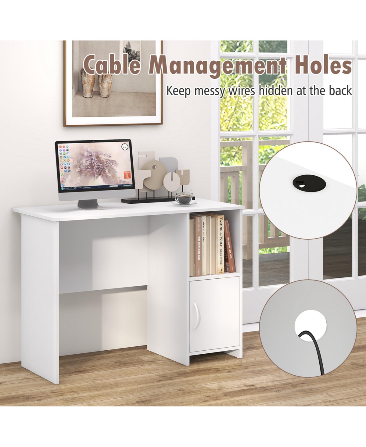 Costway Modern Computer Desk with Cabinet Cable Holes & Open Shelf Storage for Home Office