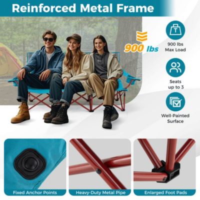 3 Person Folding Camping Chair Heavy-Duty Camp Couch with 2 Cup Holders Padding