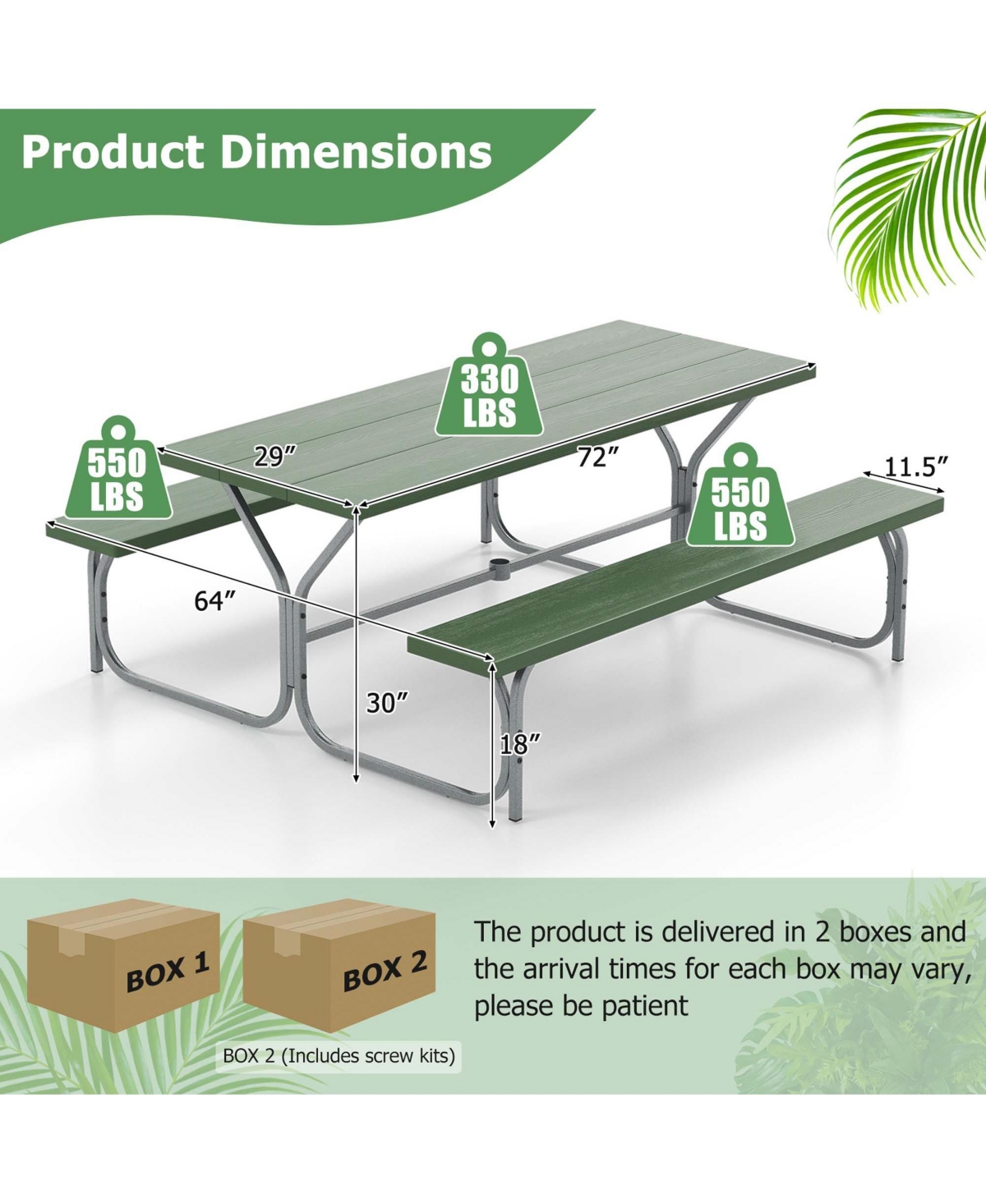 Costway 6 Ft Picnic Table Bench Set Outdoor Dining Table & 2 Benches with Metal Frame