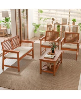 4 PCS Patio Conversation Set with Soft Seat Cushions 2-Tier Rectangle Coffee Table