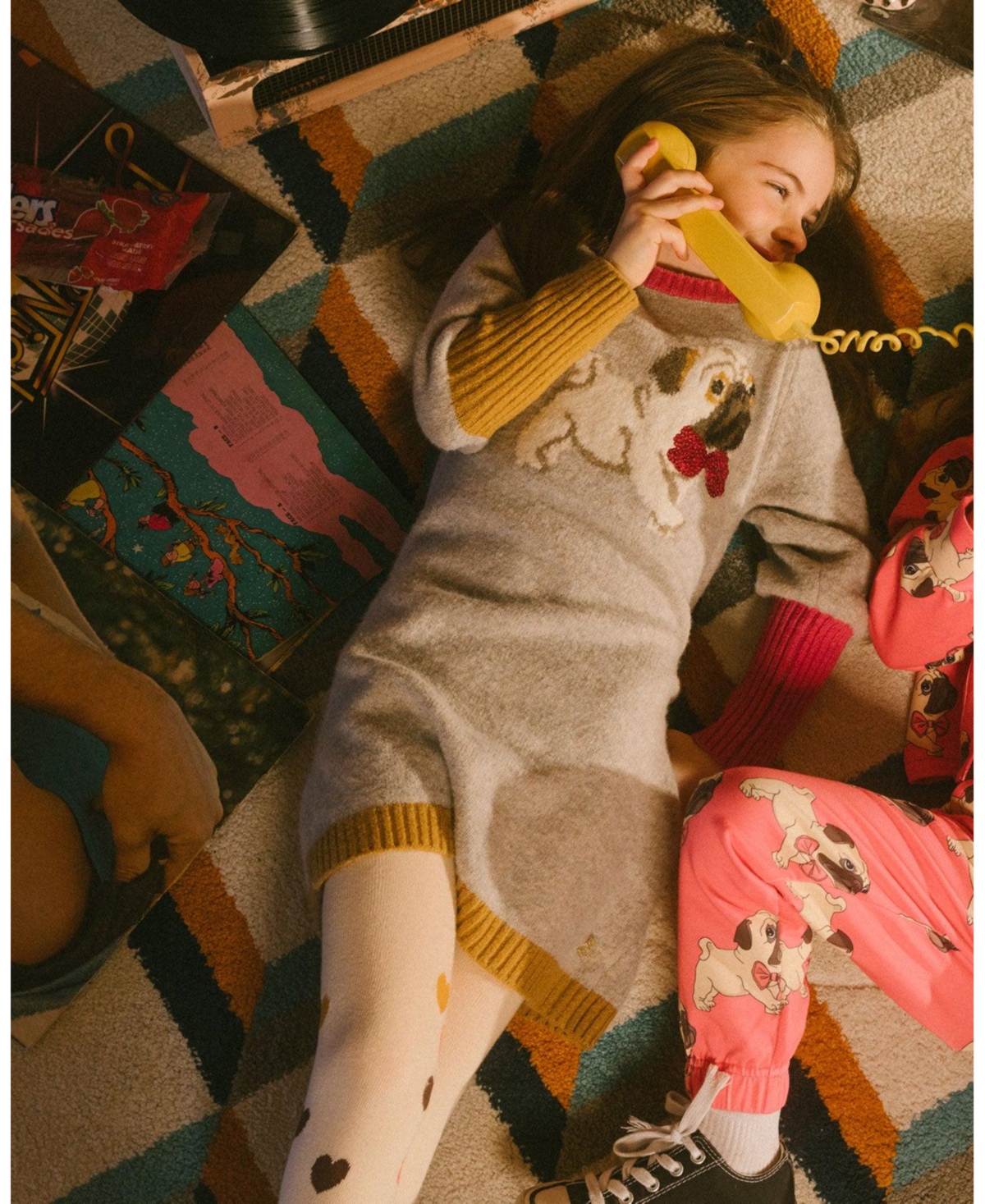 Deux par Deux Big Girls Long Sleeve Knit Dress With Pug- Beige mix