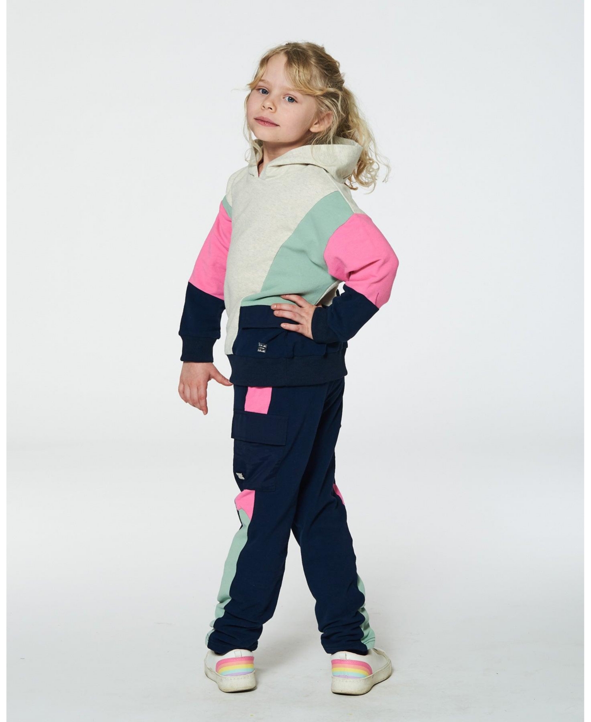 Deux par Deux Big Girls Hooded Sweatshirt Navy And Pink - Colorblock beige, navy and pink