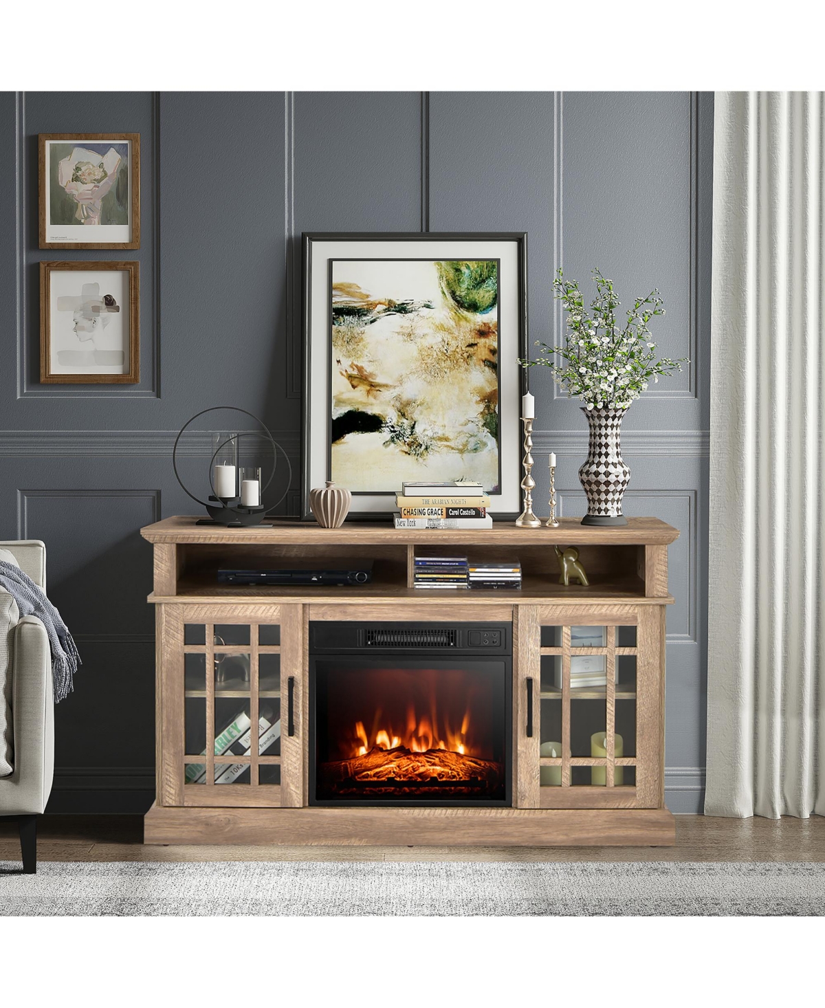 Gymax 48'' Tv Stand Console Cabinet w/ Fireplace Entertainment Center For Living Room- Natural