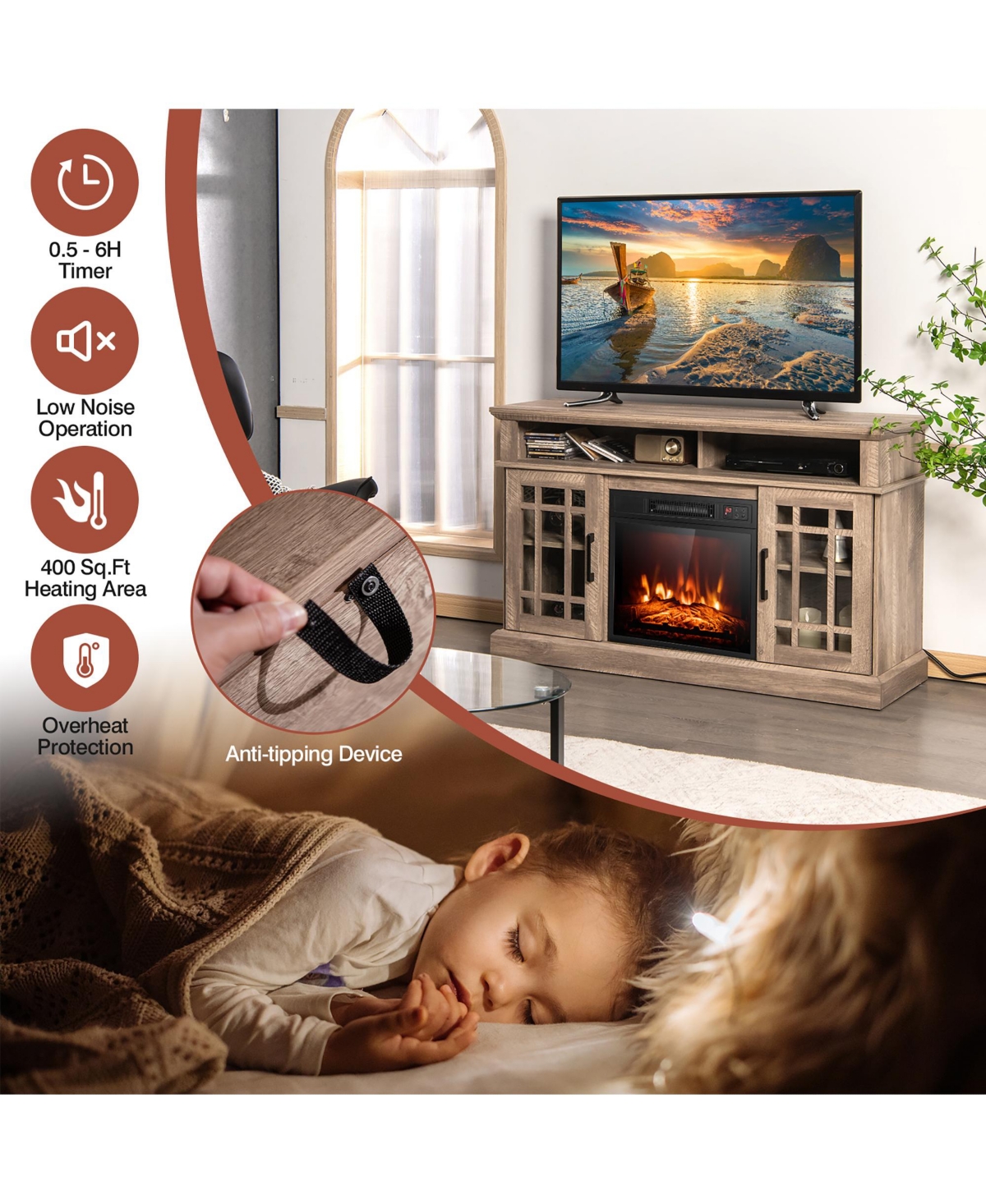Gymax 48'' Tv Stand Console Cabinet w/ Fireplace Entertainment Center For Living Room- Natural
