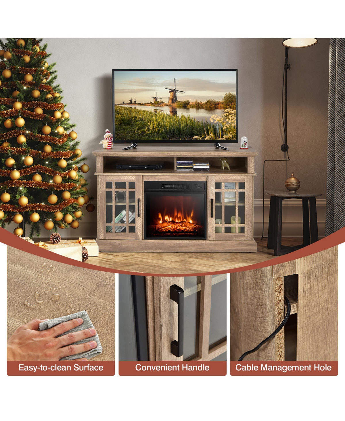 Gymax 48'' Tv Stand Console Cabinet w/ Fireplace Entertainment Center For Living Room- Natural