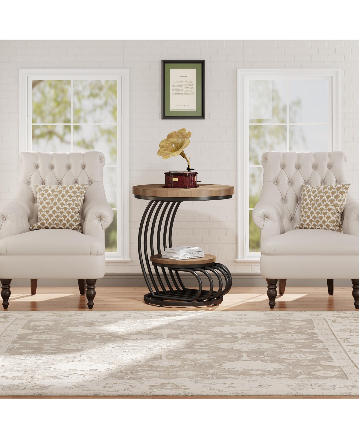 Tribesigns Round End Side Table: 2 Tiers Side Table Set of 2, Vintage End Table for Living Room, Bedside Table Accent Table with Arc-Shaped Fram