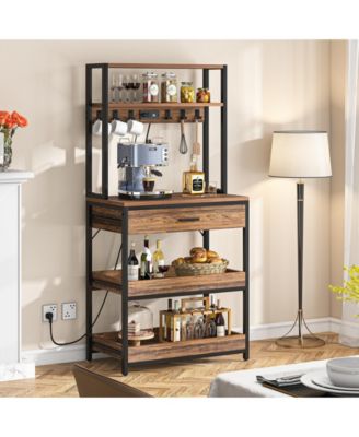 Bakers Rack with Power Outlets, 5-Tier Kitchen Storage Shelf, Microwave Oven Stand with Drawer, Kitchen Rack with 6 Hooks