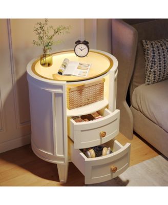 2-Drawer Nightstand with Glass Tabletop, Modern White Oval LED Nightstands, No Assembly Required, Oval Round Night Stand Side Table for Bedroom
