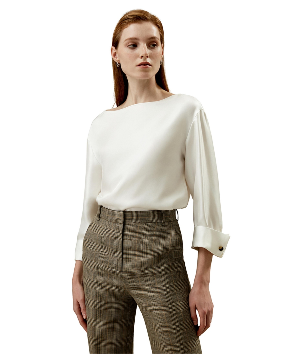 Silk Twill Blouse with Boat Neckline for Women - Natural white
