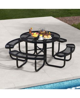 45" Coated Steel Camping Table Outdoor Round Picnic Table & Bench Set for 8