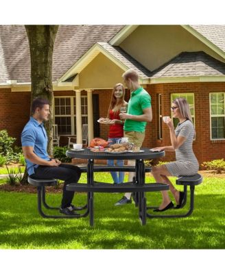 45" Coated Steel Camping Table Outdoor Round Picnic Table & Bench Set for 8