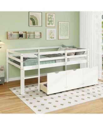 Twin Size Low Loft Bed with 3 Drawers Ladder & Full-length Guardrails Storage