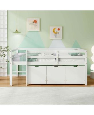 Twin Size Low Loft Bed with 3 Drawers Ladder & Full-length Guardrails Storage