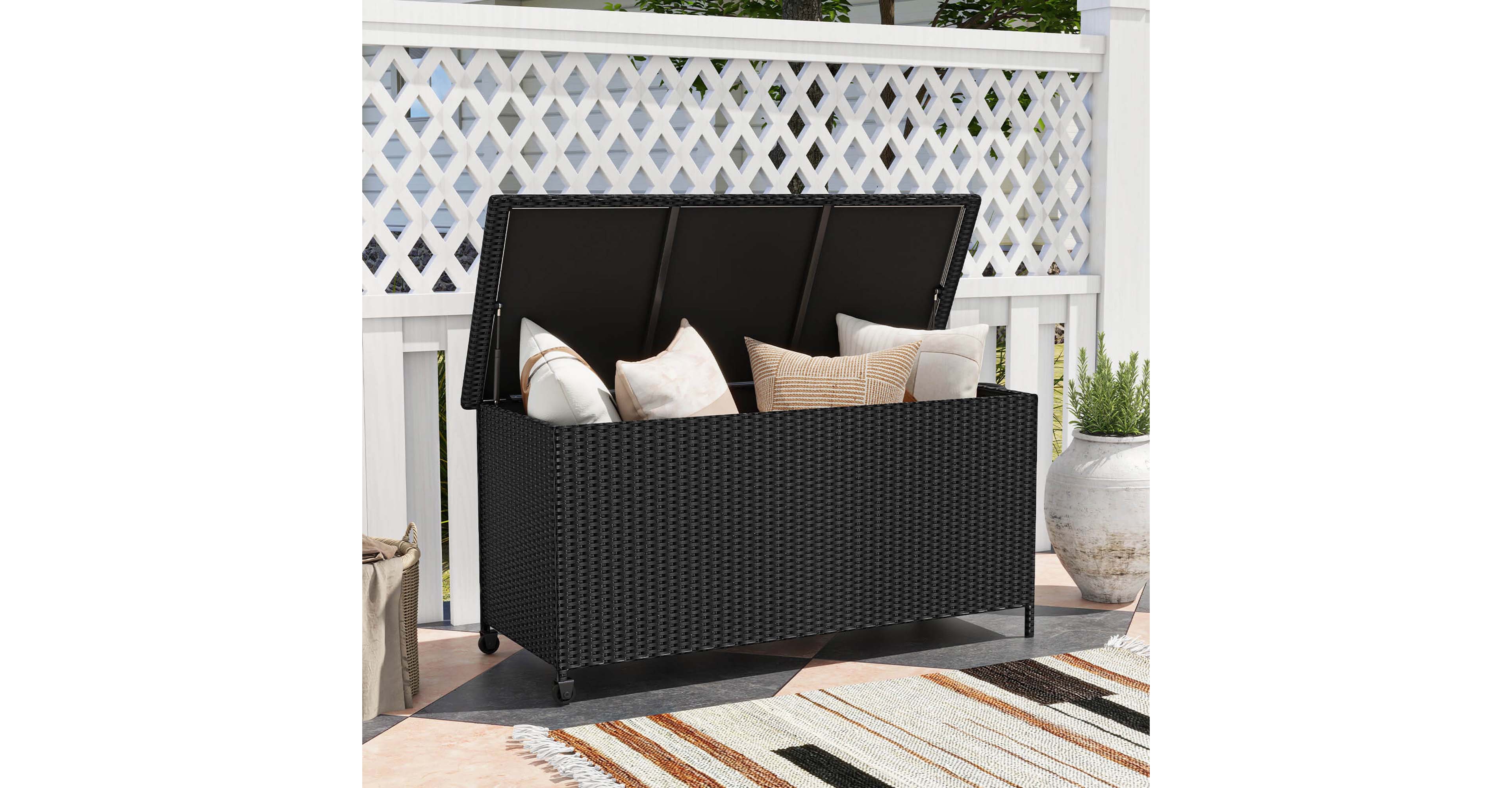 85 Gallon Rattan Deck Box with Waterproof Liner Universal Wheels & Gas Strut