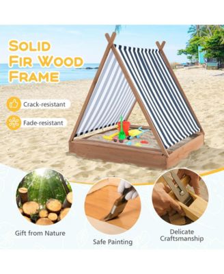 Wooden Sandbox with Canopy Tent Design Fir Wood Frame 2 Bench Seats Bottom