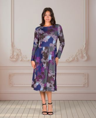 Women's Purple Paisley Midi Length Long Sleeve Pocket Dress