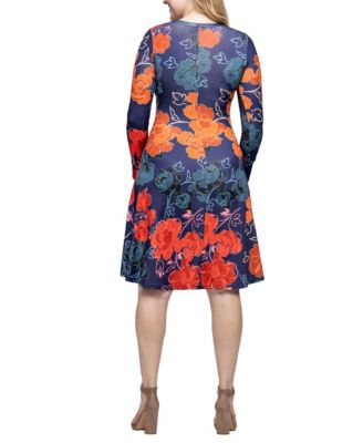 Women's Navy Floral Print Long Sleeve Knee Length Dress