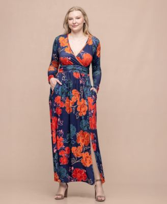 Women's Navy Floral Print Long Sleeve Side Slit Maxi Dress