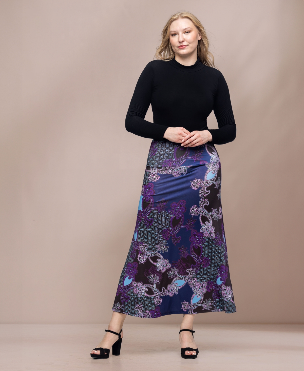 Shop 24seven Comfort Apparel Women's Paisley Print Elastic Waist A Line Maxi Skirt In Purple Multi