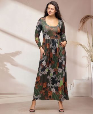 Women's Green Long Sleeve Empire Waist Pocket Maxi Dress