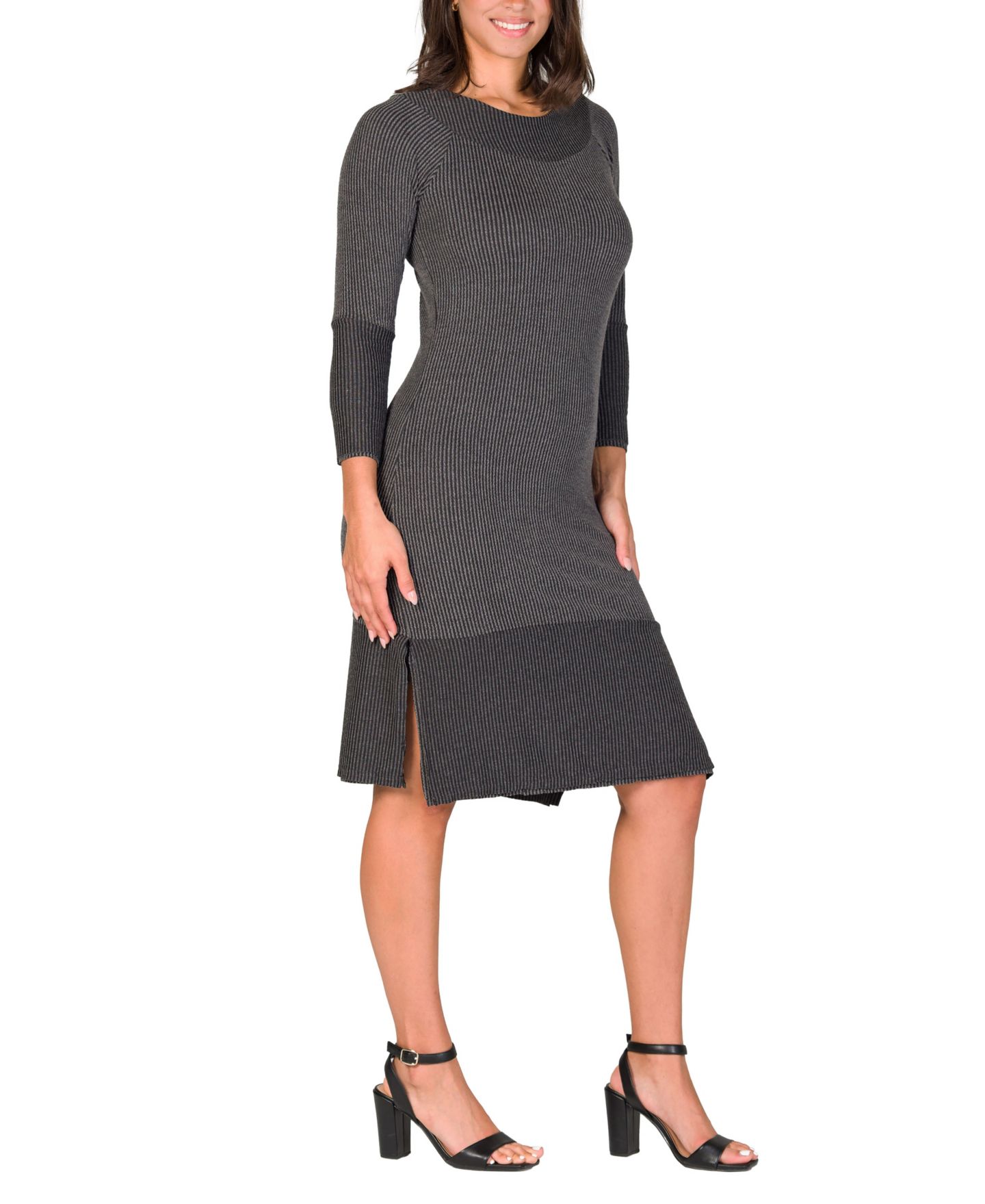 Женское платье 24seven Comfort Apparel Ribbed Knit Long Sleeve Split Hem Sweater Dress, цвет: Чёрный — фото 3