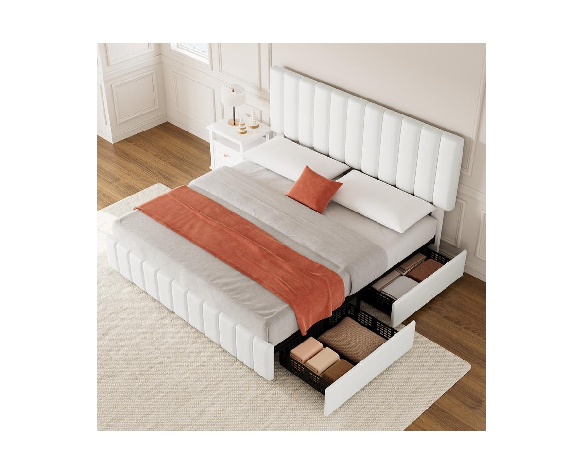 gaomon Linen Upholstered Platform Bed Frame with 4 Storage Drawers, Adjustable Headboard, Wooden Slats Support, No Box Spring Needed,- Gre