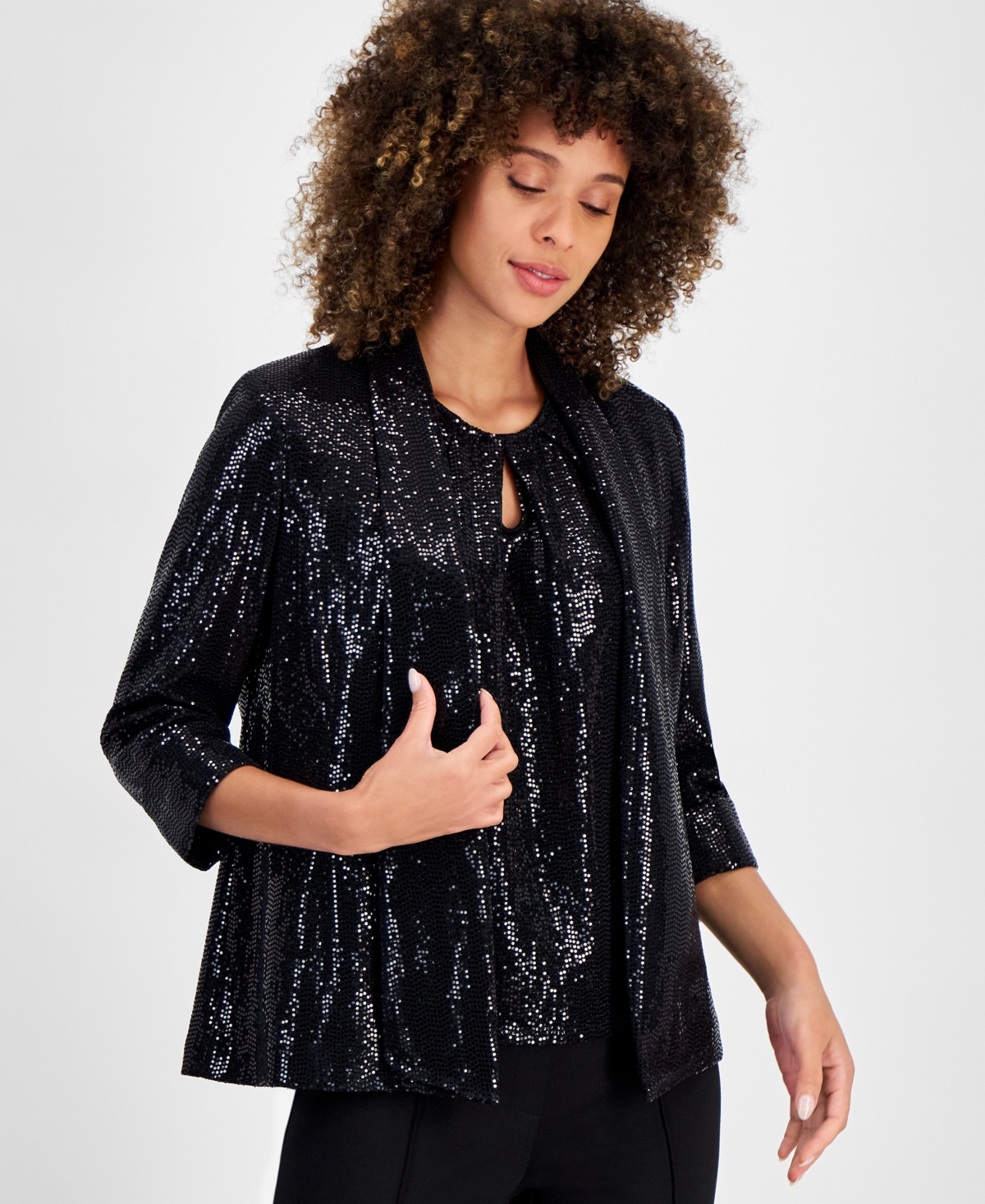 Women's Mirror-Dot Open-Front Shawl-Collar Jacket, Regular and Petite Sizes - Black/Black
