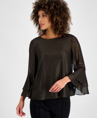 Kasper - Women's Metallic Dot Bell-Sleeve Blouse