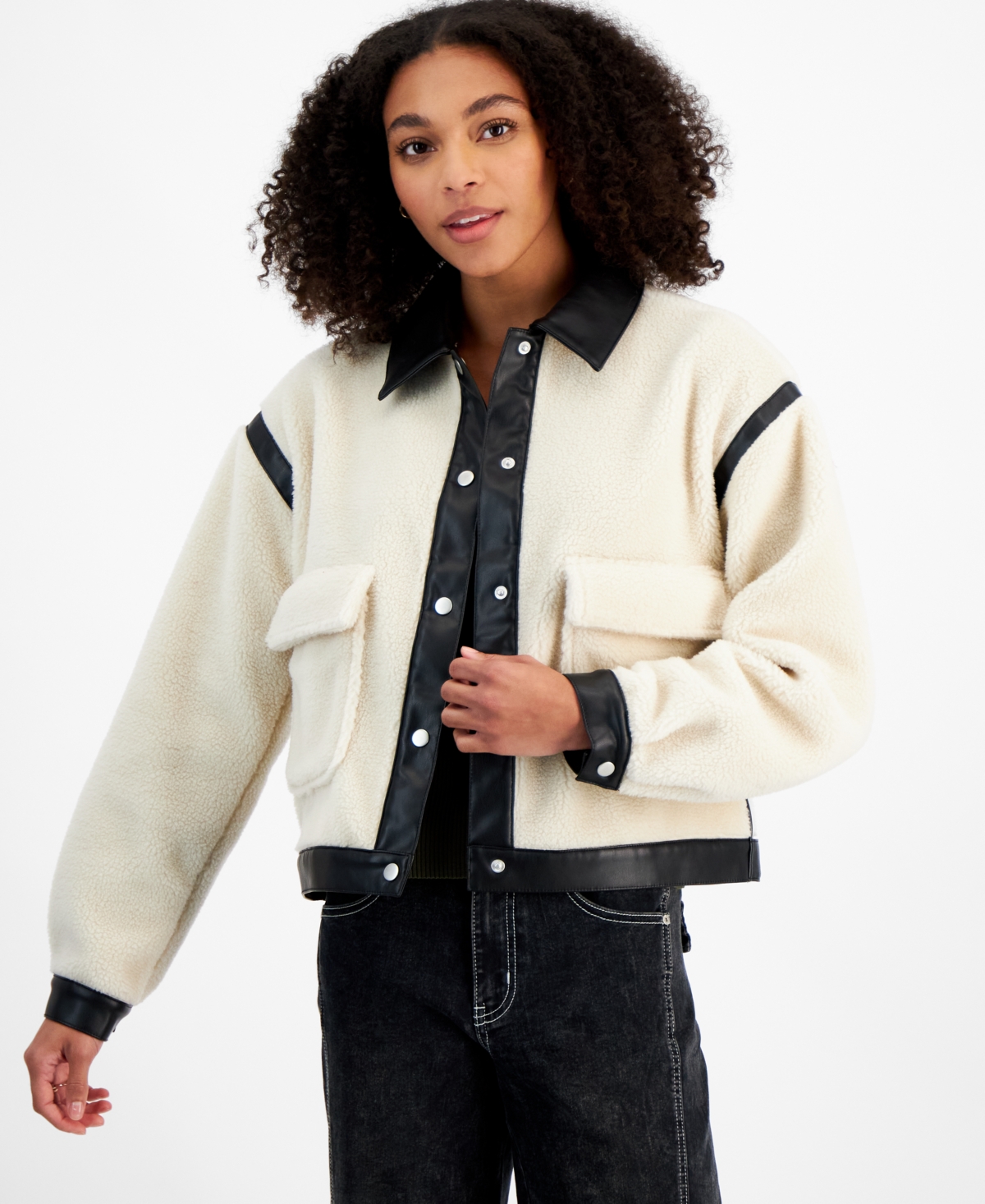 Madden Girl Juniors' Faux-leather-trim Sherpa Jacket In Birch,blac