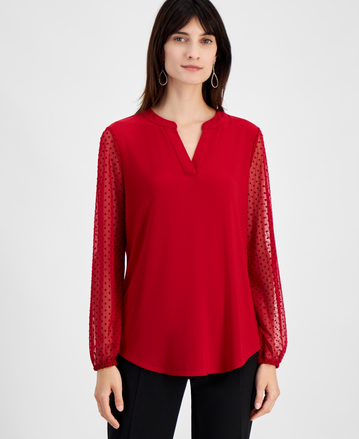 Kasper Women's Sheer-Sleeve Split-Neck Knit Top, Regular and Petite Sizes