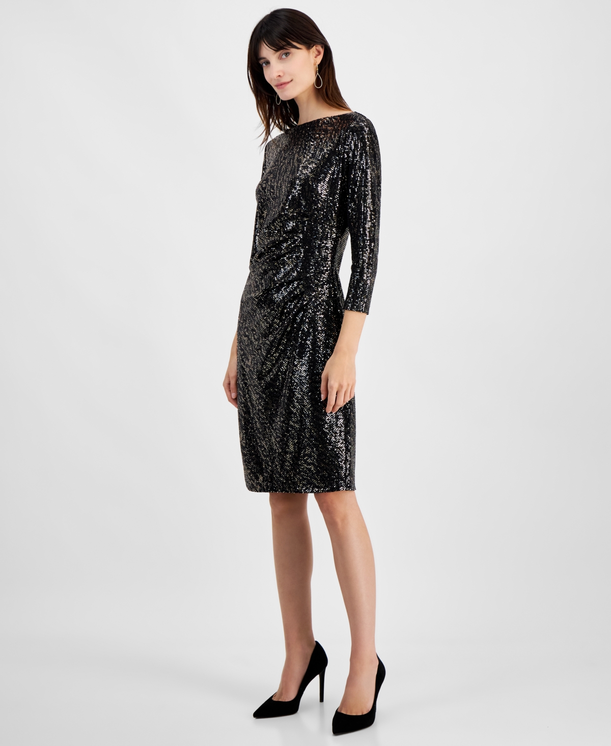 Kasper Women's 3/4-sleeve Shimmer-dot Sheath Dress, Regular & Petite Sizes In Black,gold