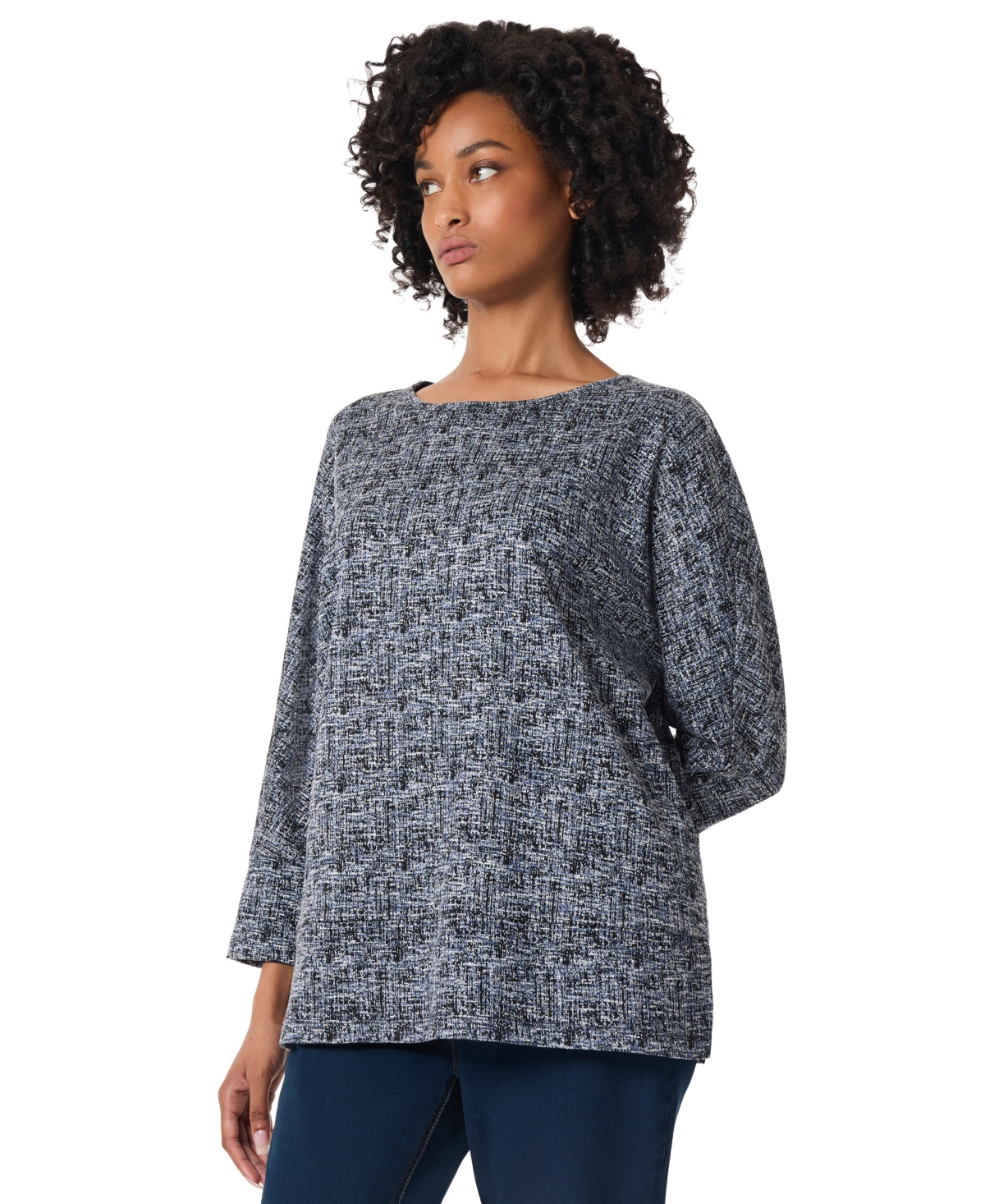 Jones New York Women's Scratch Knit Jacquard 3/4 Dolman Sleeve Tunic Top