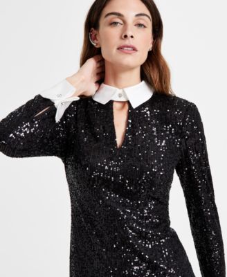 Women's Collared Sequin French Cuff Dress