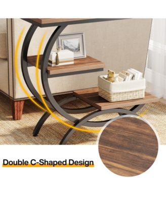3-Tier Wood C-Shaped End Table with Storage Shelves, Metal Frame Side Table for Small Spaces