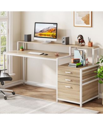 63 Inch Computer Desk with File Drawer Cabinet, Ergonomic Office Desk with Monitor Stand, Computer Table with Printer Space, Wood PC Table Workstation Desk for Home Office