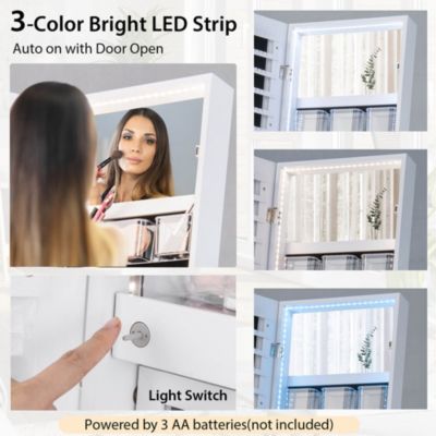 Jewelry Cabinet Armoire 3 Color LED Modes Full-Length Frameless Mirror Lockable