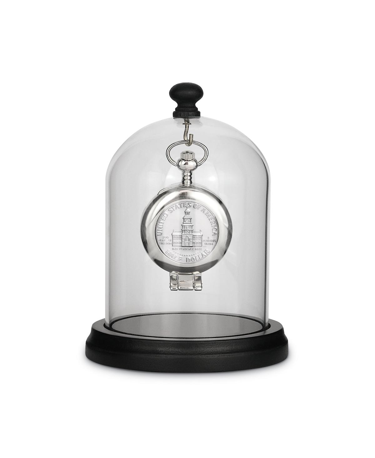17136 14 in. Glassed Dome with Pine Wood Base & Jfk Bicentennial Half Dollar Coin Pocket Watch with Skeleton Movement Black Di