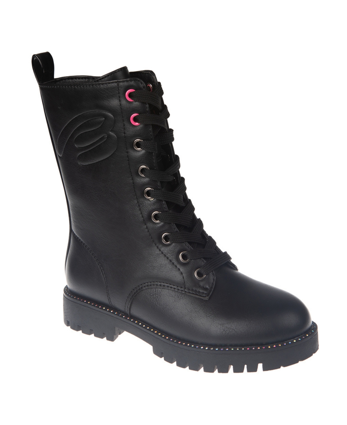 Bebe Little And Big Girls Emboss Script Lace Up Boot In Black