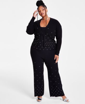 Trendy Plus Size Embellished Rib Knit Cardigan Tank Pants