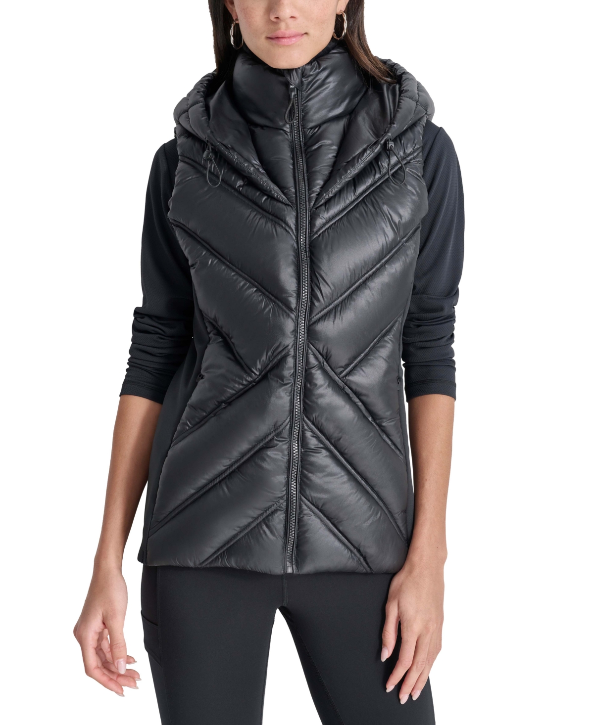 Dkny Women's Hooded Puffer Vest with Contrast Scuba and Teddy Faux Fur Collar