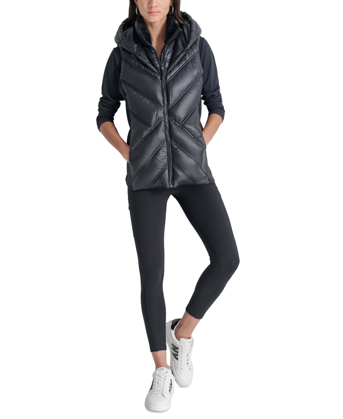 Dkny Women's Hooded Puffer Vest with Contrast Scuba and Teddy Faux Fur Collar