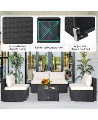5PCS Patio Outdoor Rattan Sofa Conversation Set w/ Seat & Back Cushions Off White
