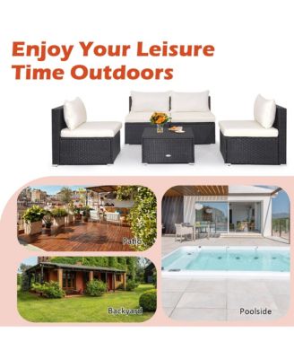 5PCS Patio Outdoor Rattan Sofa Conversation Set w/ Seat & Back Cushions Off White